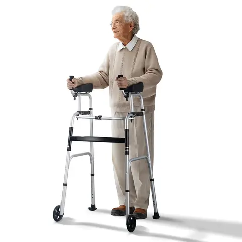 【Father's Day】VEVOR 2 in 1 Folding Walker & Removable Armrests, Height Adjustable Foldable Walker with 5" Solid Wheels, Lightweight Aluminum | Front Wheeled Mobility Aid for Elderly Handicapped Disabled, 450 Pounds