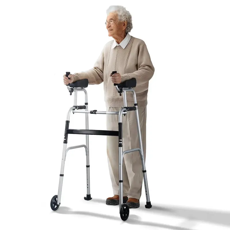 【Father's Day】VEVOR 2 in 1 Folding Walker & Removable Armrests, Height Adjustable Foldable Walker with 5" Solid Wheels, Lightweight Aluminum | Front Wheeled Mobility Aid for Elderly Handicapped Disabled, 450 Pounds