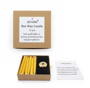 20-Minute Pure Beeswax Mini Tapers, Set of 12 with Brass Holder, Dripless for Meditation, Bedtime Relaxation & Self-Care