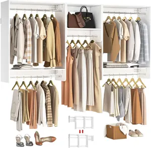 Unikito 36” - 96” Closet System, 8FT Walk in Closet Organizer Starter Kit with 5 Hanging Rods and 3 Shelves, Heavy Duty Reversible Wood Clothing Racks, Cut Be Cut to Fit, Max Load 1200 LBS, White