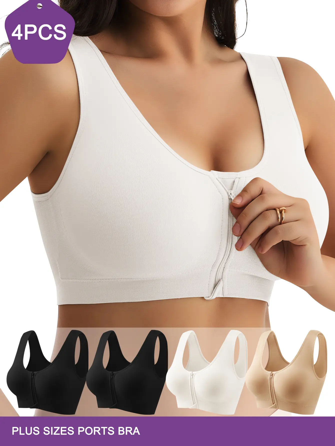 QUASTI 4-Piece Wire-Free Front Zipper Sports Bra for Women, Seamless, Breathable Smooth Fabric and Supportive, Soft and Elastic for Comfortable Lifting, Solid Color, Lightweight for Summer Essential Womenswear, Sizes S-5XL