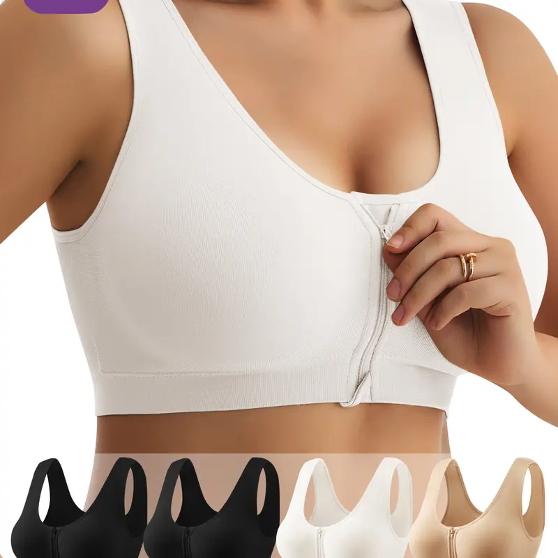 QUASTI 4-Piece Wire-Free Front Zipper Sports Bra for Women, Seamless, Breathable Smooth Fabric and Supportive, Soft and Elastic for Comfortable Lifting, Solid Color, Lightweight for Summer Essential Womenswear, Sizes S-5XL