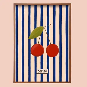 Maximalist Vintage Style Wall Art Navy Striped Poster with Red Cherries “cerises”, Cherry Art Print, Room Decor, Unframed