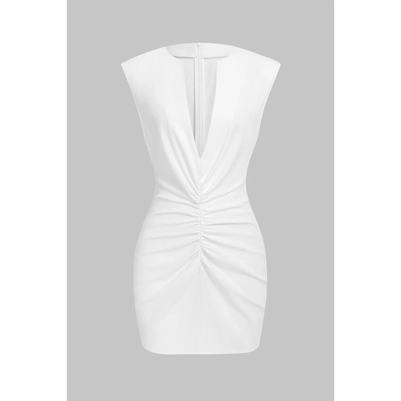 V-Neck Linen Ruched Zipper Sleeveless Mini Dress