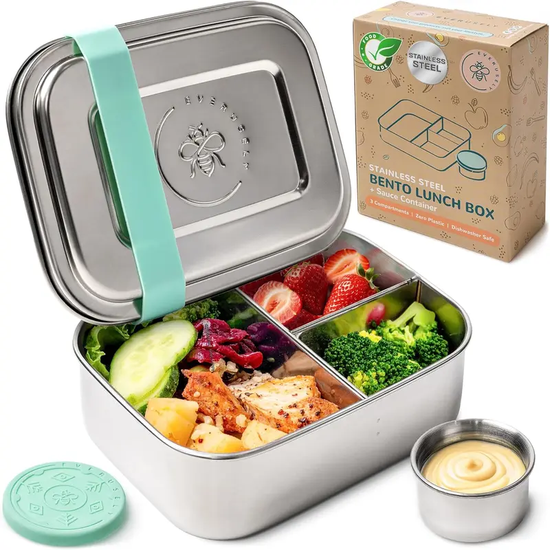 EVERUSELY 304 Steel Bento Box-Shaped Lunch Box - 27oz/0.8L 3-Layer 3-Compartment BPA-Free Anti-Leak Container, Silicone Band, Sealed Condiment Organizer, Eco-Friendly Dishwasher-Safe Tableware for Road Trips
