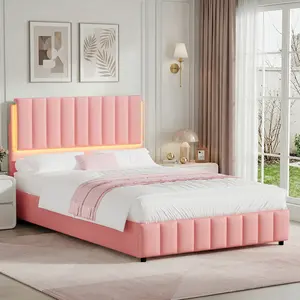 HOMBCK Bed Frame with LED Lights Headboard, Modern Upholstered Faux Leather Platform Bed with Wooden Slats Support, No Box Spring Needed, Easy Assembly
