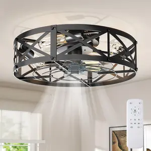 19"/22" Caged Ceiling Fan with Light, Low Profile Flush Mount Ceiling Fan with Remote, 6 Speeds Reversible Motor for Bedroom, Living Room, Kitchen