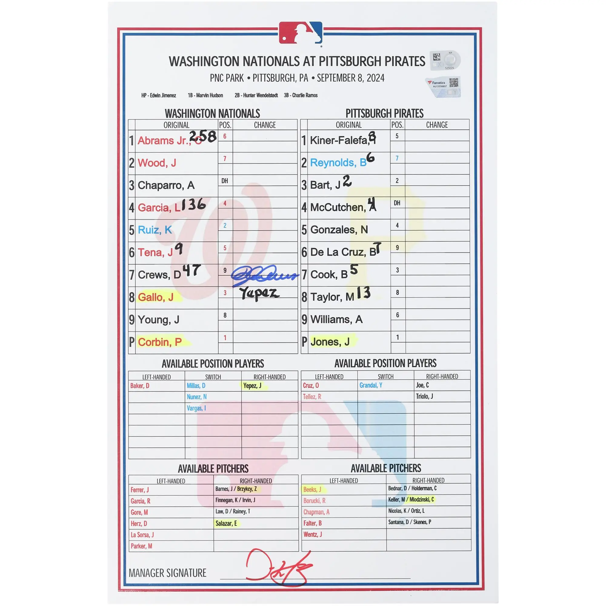 Dylan Crews Washington Nationals Autographed Game-Used Lineup Card vs. Pittsburgh Pirates on September 8, 2024 - Fanatics Authentic Certified