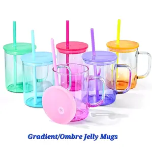 Gradient Ombre Jelly Mug with Handle and Colored Lid 17oz Washable Drinkware Cup Glass Stylish Straw