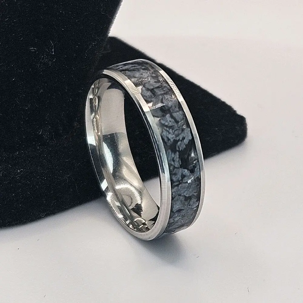 Snowflake Obsidian Stainless Steel Ring Sizes 4.5-12 Widths 8mm 6mm 2mm Spiritual Properties Grounding Intuition Enhancer Rock Natural Crystal Ring