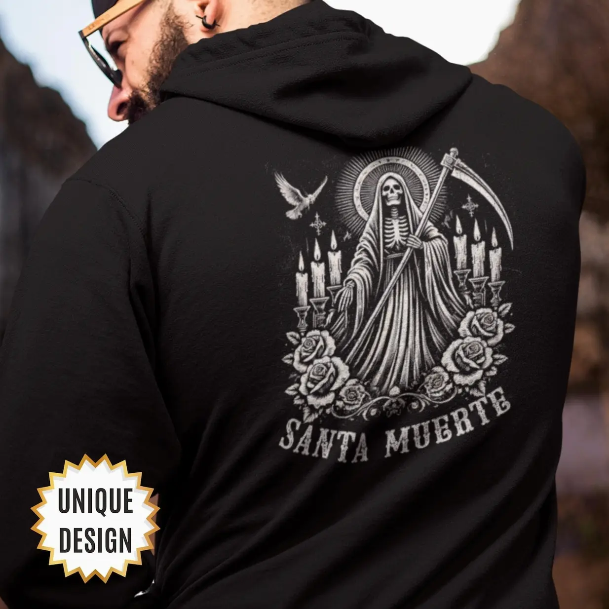 Women's Gothic Santa Muerte Hoodie - Unisex Cut Suits Shared Closet Style, Classic Longsleeves Fleece Pullover, Double-Needle Seams Hold, Gothic Skull Graphic Edge, Day of the Dead Halloween Casual Top