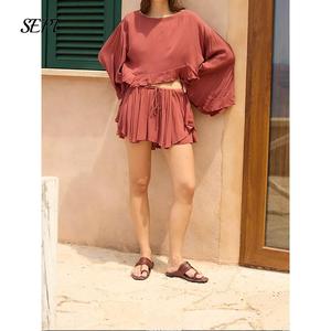 Womens Skirts Set Oversized Bell Long Sleeve Crop Top Drawstring Waist Shorts Y2k 2 Piece Flowy Ruffle Loose Outfits