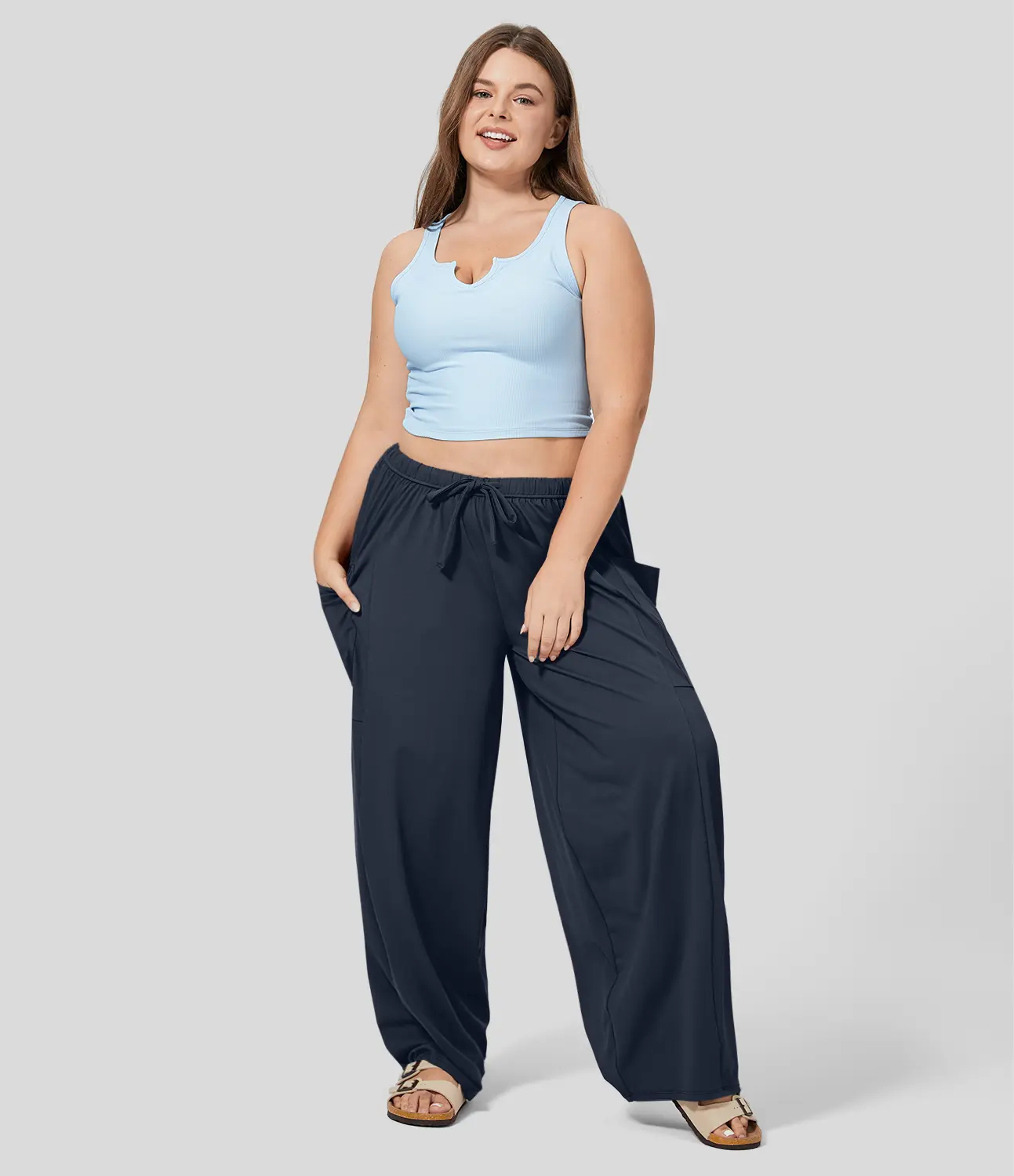 Halara Mid Rise Elastic Waistband Drawstring Side Pocket Palazzo Flowy Wide Leg Casual Plus Size Pants