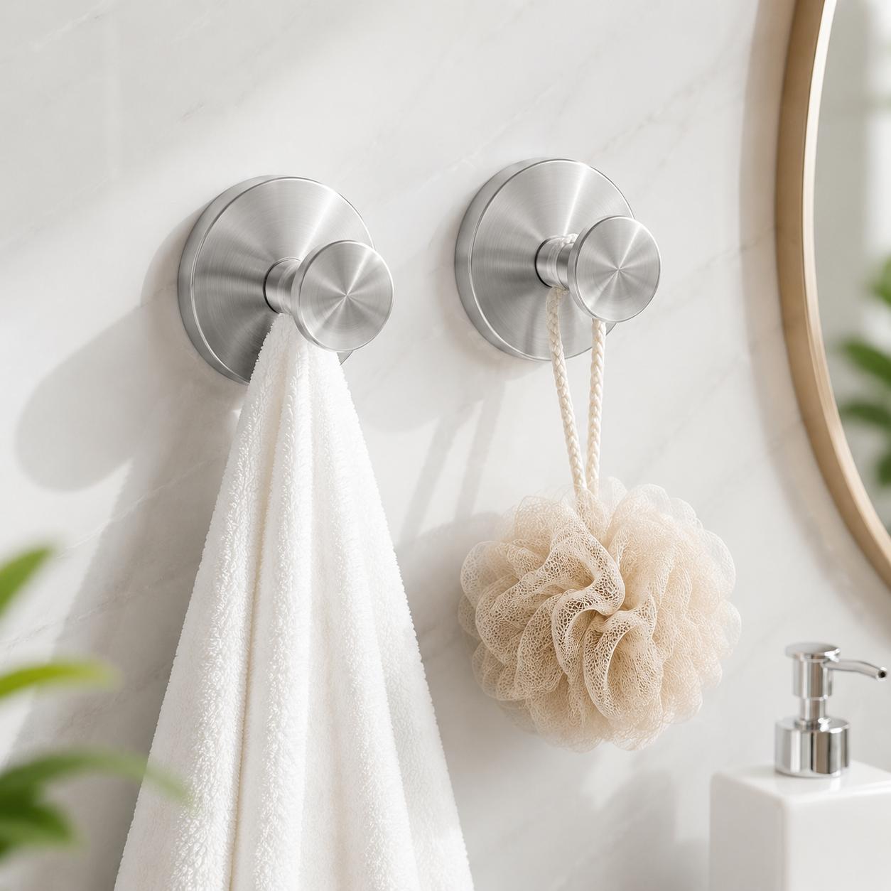 Suction Cup Hooks – Removable Towel Hooks for Shower Stalls, Bathroom Windows, Glass Doors, and Walls | Reusable & Detachable | Suitable for Towels, Bathrobes, and Bath Poufs | Waterproof | Bathrobe Hooks – 2-Pack (Silver)