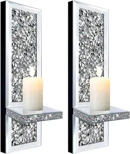 Set of 2 Crystal Crush Diamond Candle Sconces, Gorgeous Silver Mirrored Glass Wall Decorations Room Ornaments