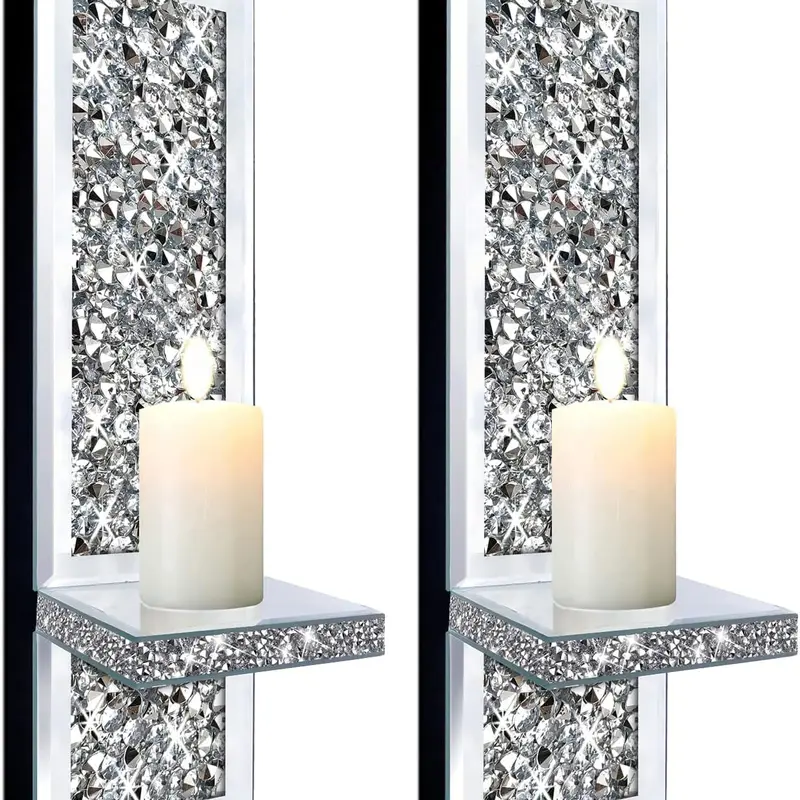 Set of 2 Crystal Crush Diamond Candle Sconces, Gorgeous Silver Mirrored Glass Wall Decorations Room Ornaments