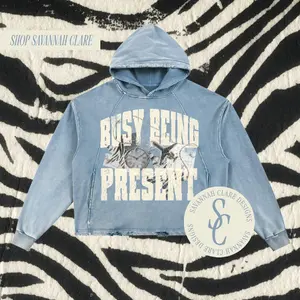 "BUSY BEING PRESENT" Vintage Wash Distressed Boxy Hoodie