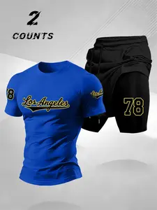 Men's Summer Training Set, 2-Piece Los Angeles Letter Sports, Stretch Quick-Dry Fabric, Slim Fit Muscle Show, Casual Loose-Fit T-Shirt, Summer Lounge Tracksuit