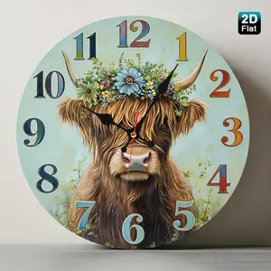2D design, a Highland cow with a blue floral crown, a glass nursery wall clock set against a mint green background, a vintage, simple, soft and quiet decoration, suitable for bedrooms, bathrooms, boutiques, does not include AA batteries, an ideal holiday