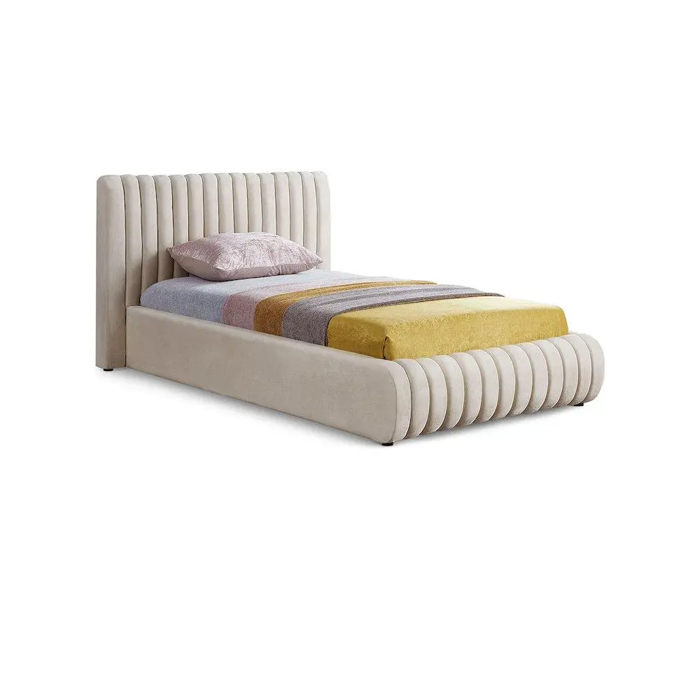 Nico Modern Cream Velvet Single Person Bed Frame - Channel Tufted, Padded Support, Upholstered Rectangular Base, Velvet Fabric Indoor Furniture Bed