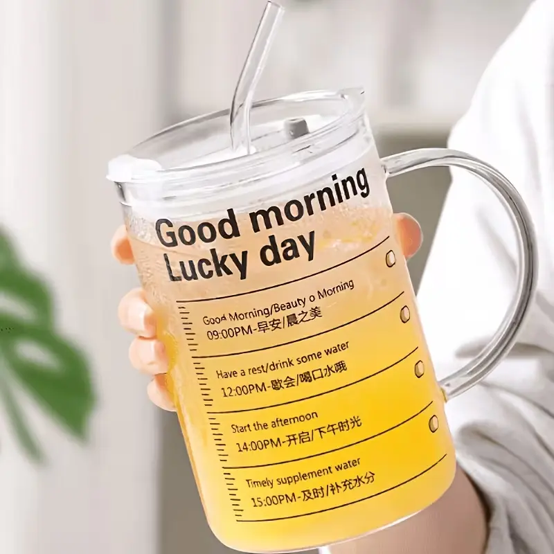 Large Capacity Time Scale Water Cup with Straw And Lid Cartoon Coffee Cup, Reusable, Hand Wash Only - Ideal for Family Gatherings And Holidays | Modern Glass Cup | Transparent Glass Cup, Suitable for Valentine's Day