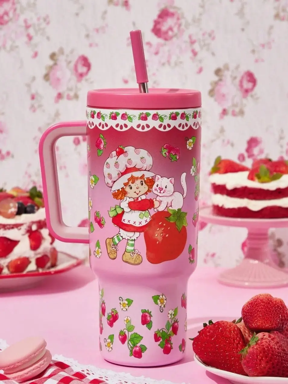 Strawberry Shortcake Cartoon Print Insulated Tumbler Mug - 40 oz/1200ml Portable Reusable Washable Water Bottle with Handle, Kitchenware Drinkware for Drinking, Gifting, Stylish