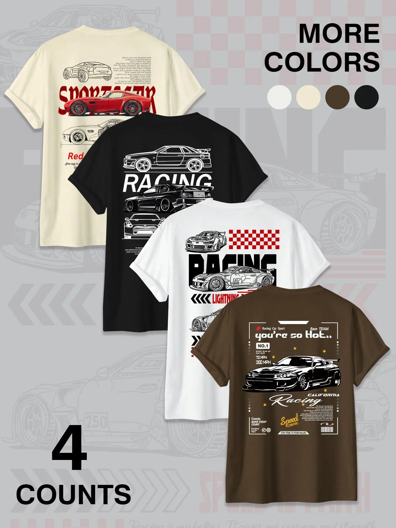 Men's Crewneck Fitted Casual Short T-Shirt, Menswear, 4 Styles JDM Racing Car Print, Car Guy Streetwear Tee for Men Top