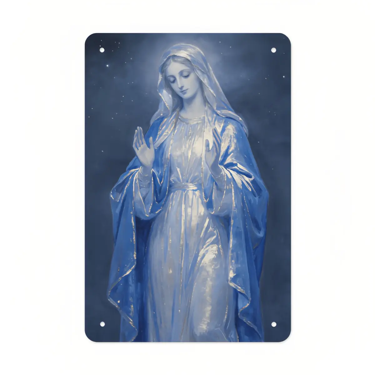 Vintage Distressed Metal Tin Sign - Blessed Virgin Mary Blue Gold Starry Night Halo Oil Painting Wall Plaque, Serene Religious Catholic Devotional Wall Art Decor For Prayer Room Home Altar