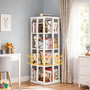 Unikito Wooden 360° Rotating Bookshelf, 4-Tier Solid Spinning Bookcase with 16 Compartments, Space-Saving Design for Living Room, Bedroom, Office