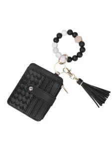 PU Leather Beaded Lariat Zipper Credit Card Wallet, Silicone Bead Bracelet Keychain, Handmade Women's Bag Charm, Zipper Card Holder