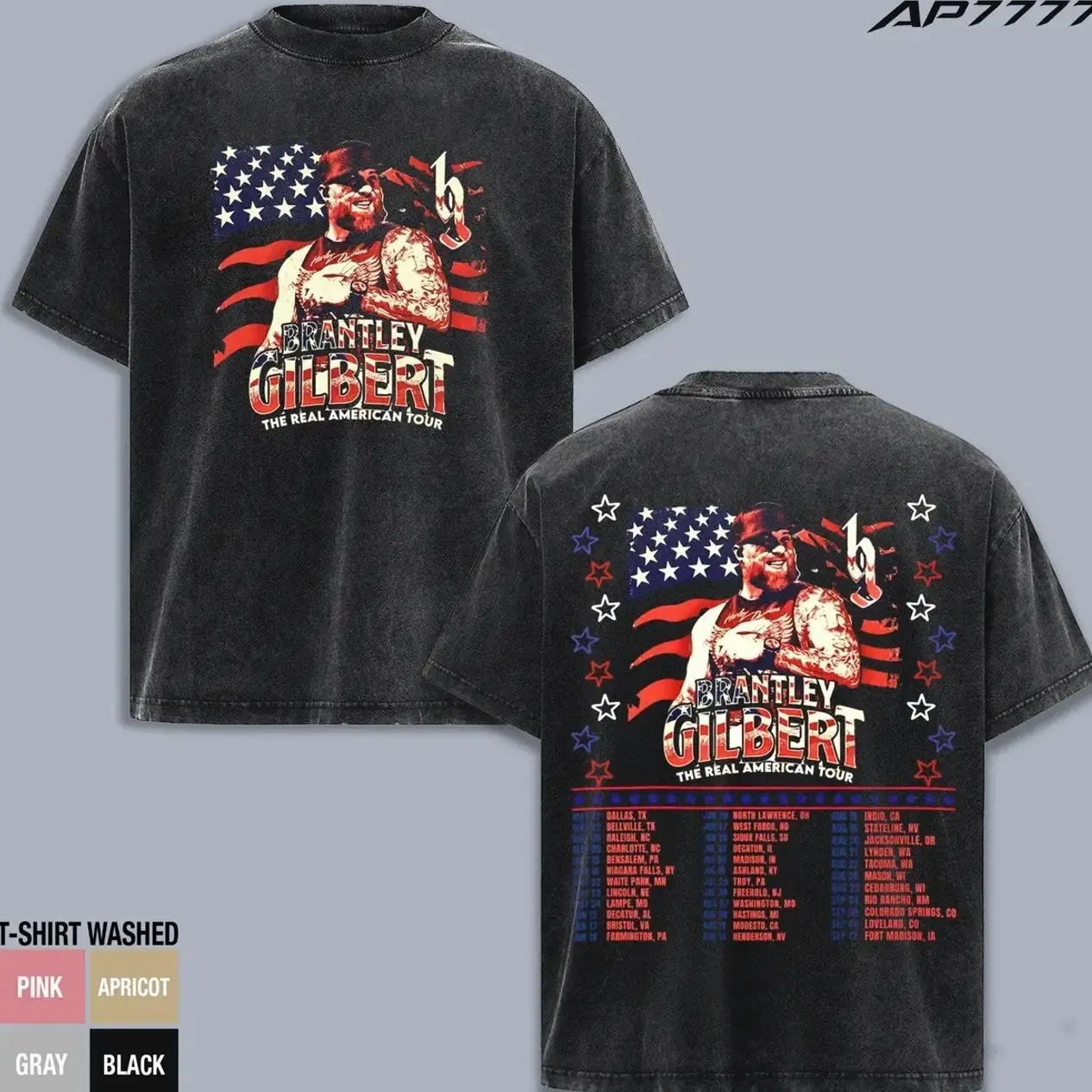 Brantley Gilbert The Real American Tour Shirt, Country Music Vintage Washed Tee, Double Sided Concert Tour Graphic T Shirt, Retro Southern Rock Cowboy Merch, Oversized Heavyweight Unisex Fan Gift, Patriotic Country Apparel Tee NEE
