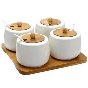 Elama Ceramic Spice, Jam and Salsa Jars w/Bamboo Lids & Serving Spoons