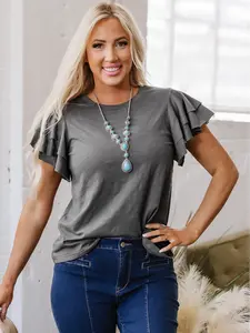 Layered Ruffle Short Sleeve Round Neck Top, Round Neck Design Offers A Classic and Versatile Look.