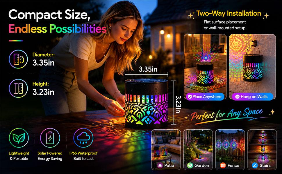 Sturdy Metal RGB Solar Mandala Projector Wall Lamps - Solar-Powered IP65 Waterproof Fence Lights with Artistic Glow, RGB Lights for Garden Halloween Decor, LED Outdoor Lighting