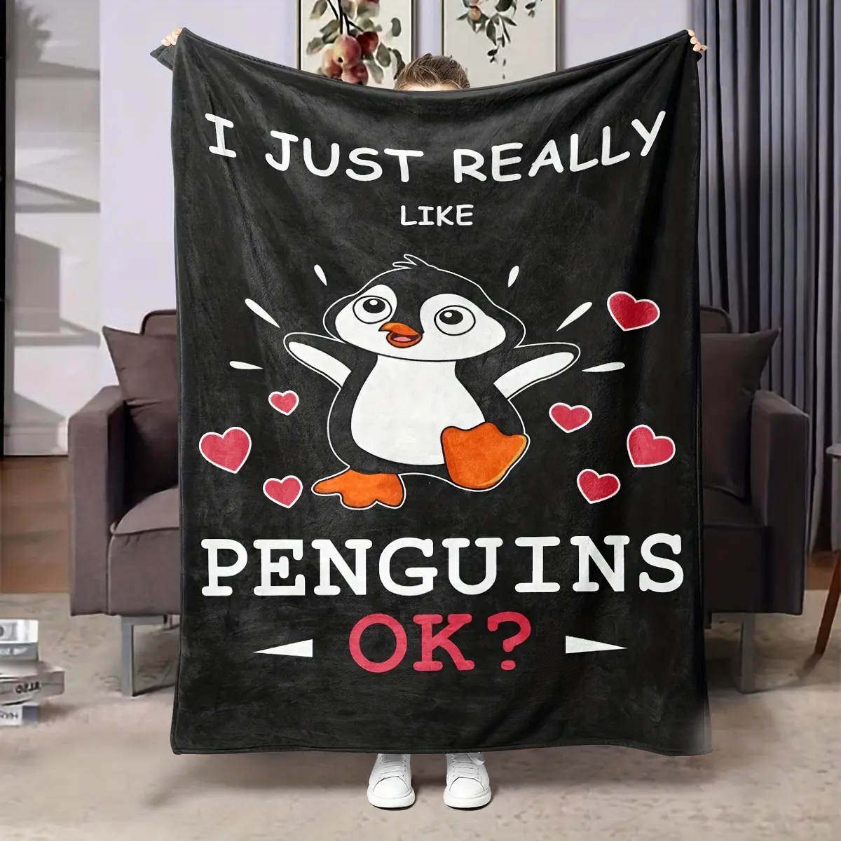 Cute Penguin Digital Printing Flannel Blanket - Single-Sided Print, Lightweight Soft, General Use for Adults, Valentine's Day & Holiday Gift (Bedroom, Sofa Use)