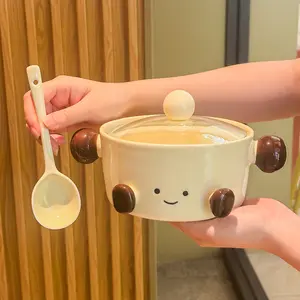 Cute Cartoon Noodle Bowl Set with Lid and Spoon, Large Capacity Microwave Safe, Portable Breakfast Cup, High Aesthetic Gift Box, Ceramic Pasta Bowls, Cereal Bowls Set