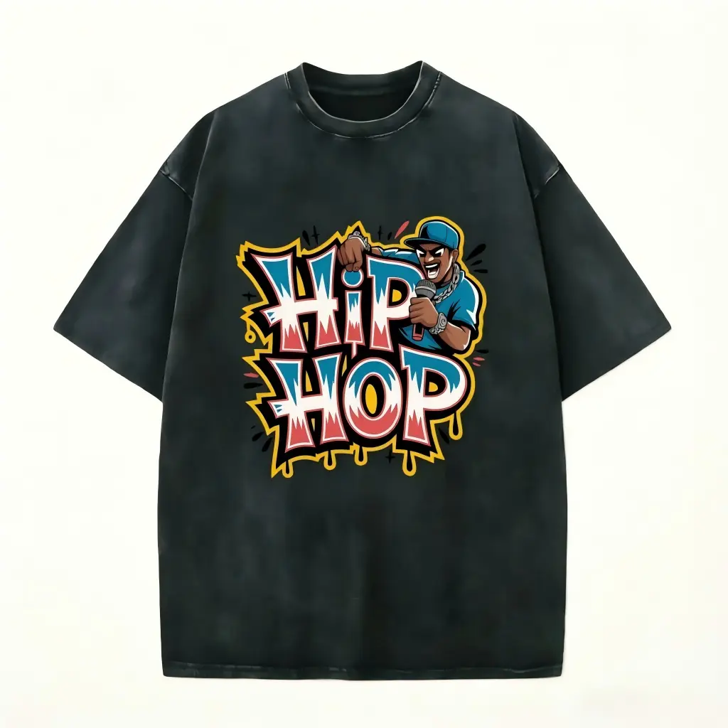 Bold Hip Hop Graffiti streetwear tee. Colorful rapper with dripping font on washed black cotton. Perfect for hip-hop heads & urban fashion lovers. Soft oversized fit—grab this vibe now! #hiphopstyle #streetwearvibes