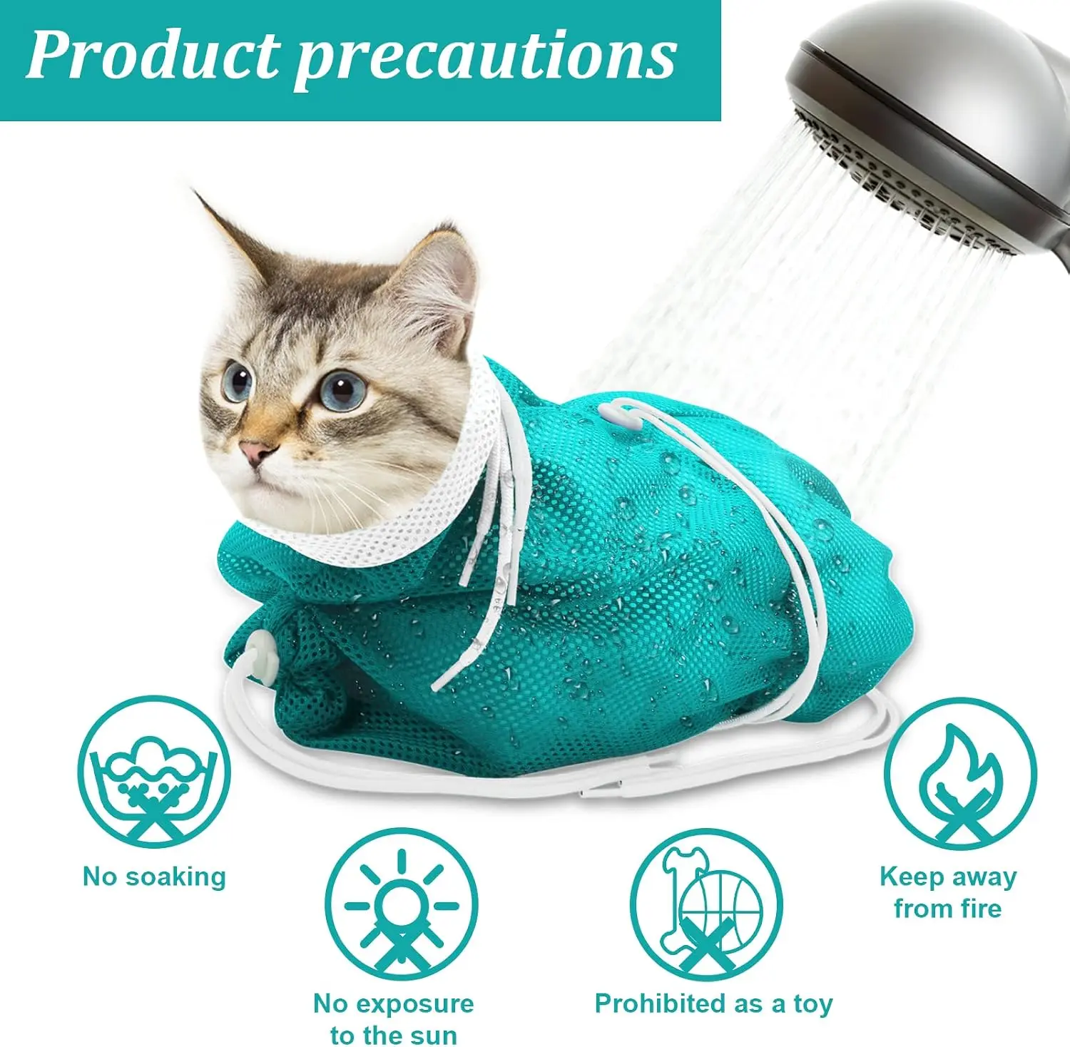 Cat Bathing Bag,Breathable Cats Grooming Bag, Anti Scratch Adjustable Cat Shower Washing Bags with Mesh for Nail Trimming (White- Blue)