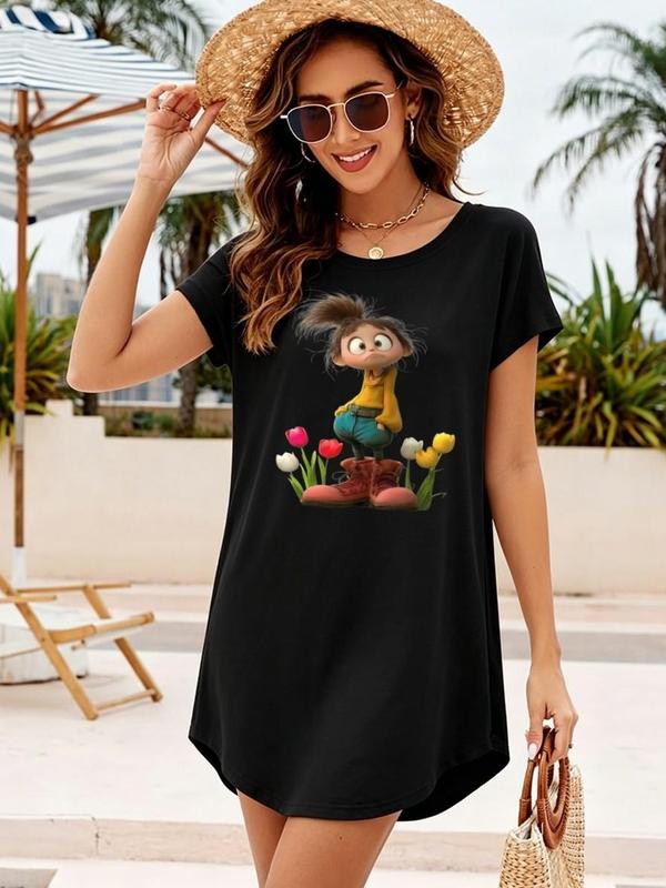 Women's Casual Straight-Fit Graphic Tunic Dress - 1-Piece Woven Polyester-Elastane Fabric, Whimsical Cartoon Print, Crew Neck, Short-Sleeve, Comfortable Soft Lightweight Breathable, Pull-On, Party Wear (Sohochic Womenswear)