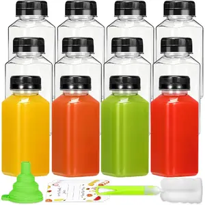 12 count 8oz Plastic Juice Bottles, Juice Containers withBlack Tamper Proof Lids, Brush, Funnel and Labels, ClearJuice Bottles for Juicing, Smoothie and HomemadeBeverages