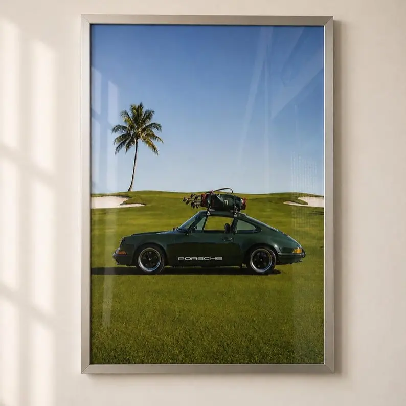 Vintage Porsche Wall Art, Porsche Poster, Classic Car Print, Tennis Court Art, Green Porsche Decor luxury yellowkorner