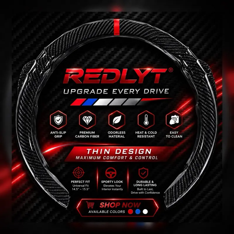 REDLYT Laser Carbon Fiber Texture Steering Wheel Cover – Premium Sport Grip, Anti-Slip, Universal Fit Car Interior Accessory