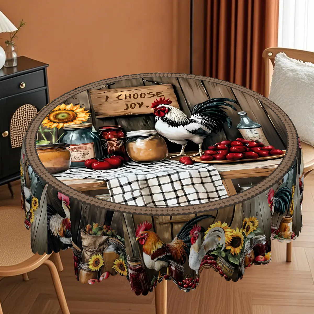 XEXSIN Country Rustic Rooster Tablecloth - Durable Polyester Rectangle, Round Covers, Kitchen Decor, Holiday Home & Party Supplies