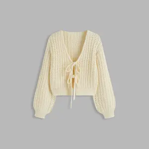 Cider [4 colors, size 2-26] Knit V-neck Striped Tie Front Bowknot Cardigan