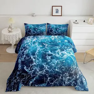 Blue Waves Comforter Set,Ocean Sea Bedding Summer Theme Print Bedding Comforter Sets,Marine Water Grain Nautical Quilt,with 1 Pillow Case