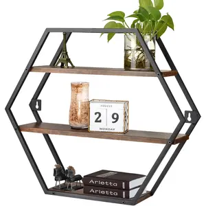 Hexagon Shelves for Wall, Hexagon Floating Shelves, Decorative Geometric Shelf for Wall Decor, Farmhouse Style Shelves for Bathroom Living Room, Rustic Brown Black