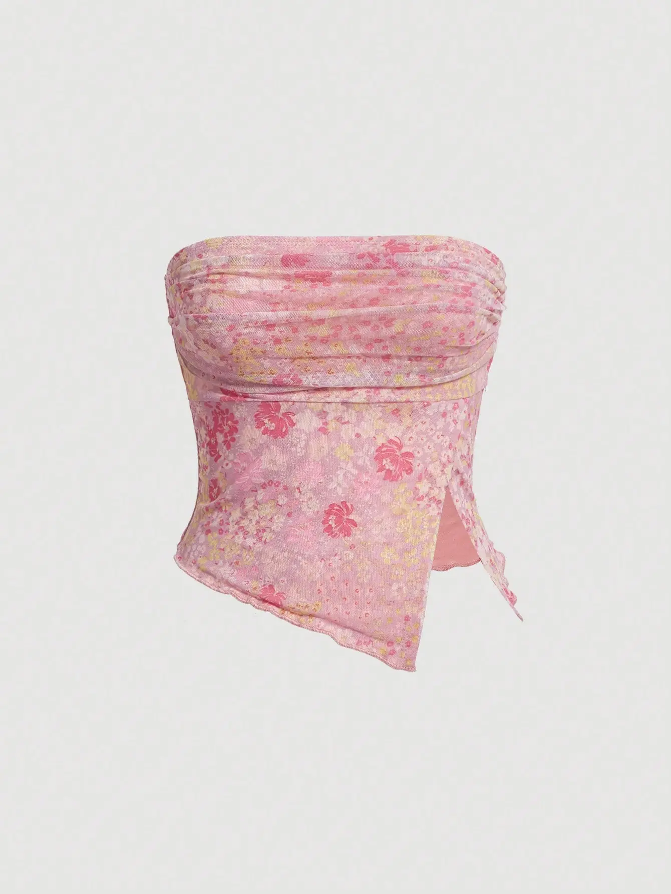 SHEIN MOD Floral Print Mesh Tube Top – Ruched Design & Asymmetrical Hem for a Trendy, Chic Look