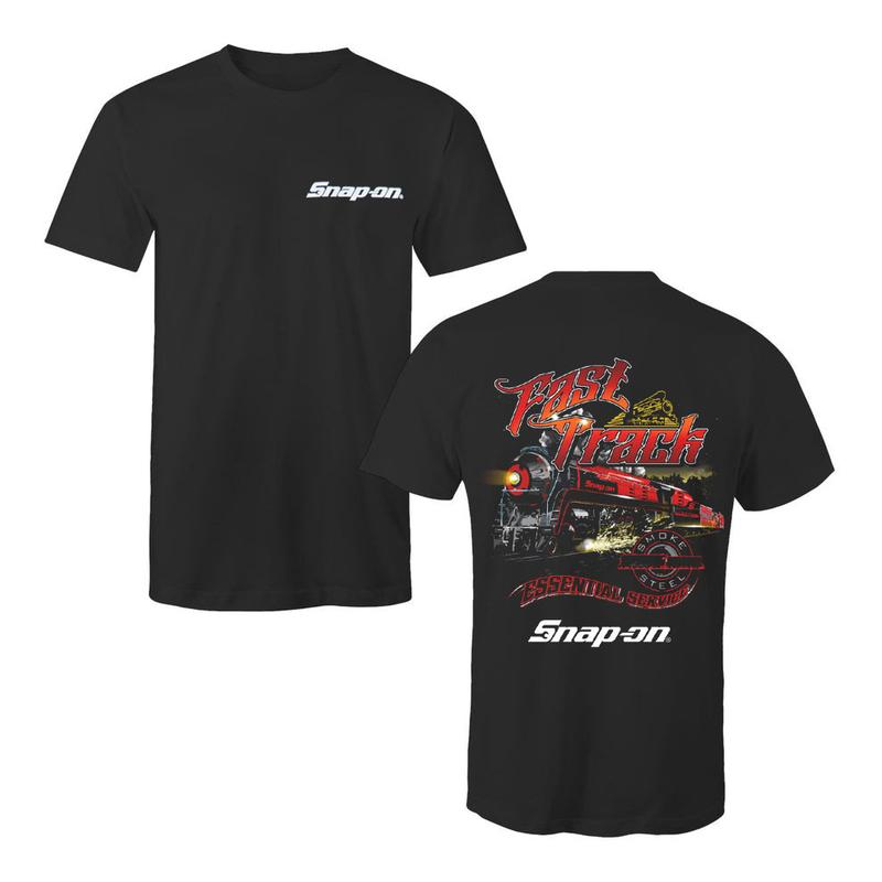 Snap-on Fast Track Shirt – Black Tee Featuring Hot Rod Car, “Essential Speed” Motto, and Vintage Drag Racing Style Graphics for Bold Mechanics and Speed Junkies.