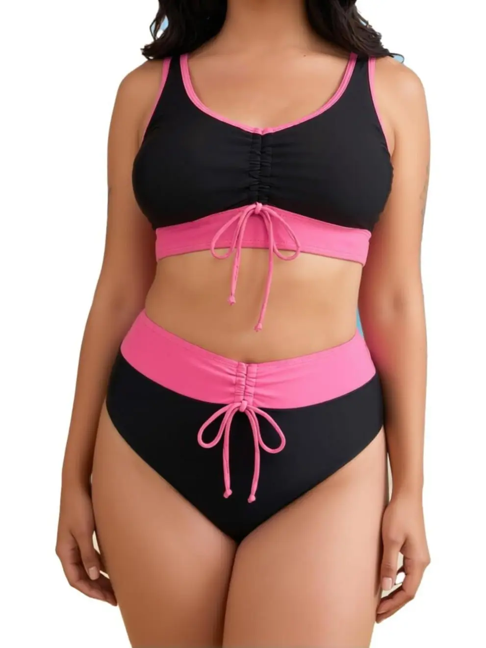 Women's Nylon Colorblock 2-Piece High Waisted Bikini Set - Quick Dry Over-the-Shoulder Fixed Strap Tank Top, Drawstring Waist Ruched Stretch Tummy Control Bottoms for Beach, Pool Parties (Plus Sizes & Full Figures)