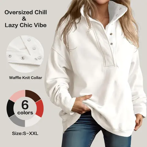 Fisoew Womens Oversized Sweatshirt Casual Snap Stand Collar Long Sleeve Pullover Tops Fall Travel Outfits Womenswear